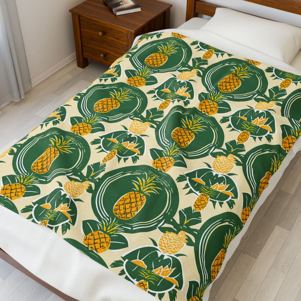 Velveteen Plush Blanket, Pineapple Beach Decor, Summer Throw, Tropical Home Decor, Cozy Bedding, Housewarming Gift