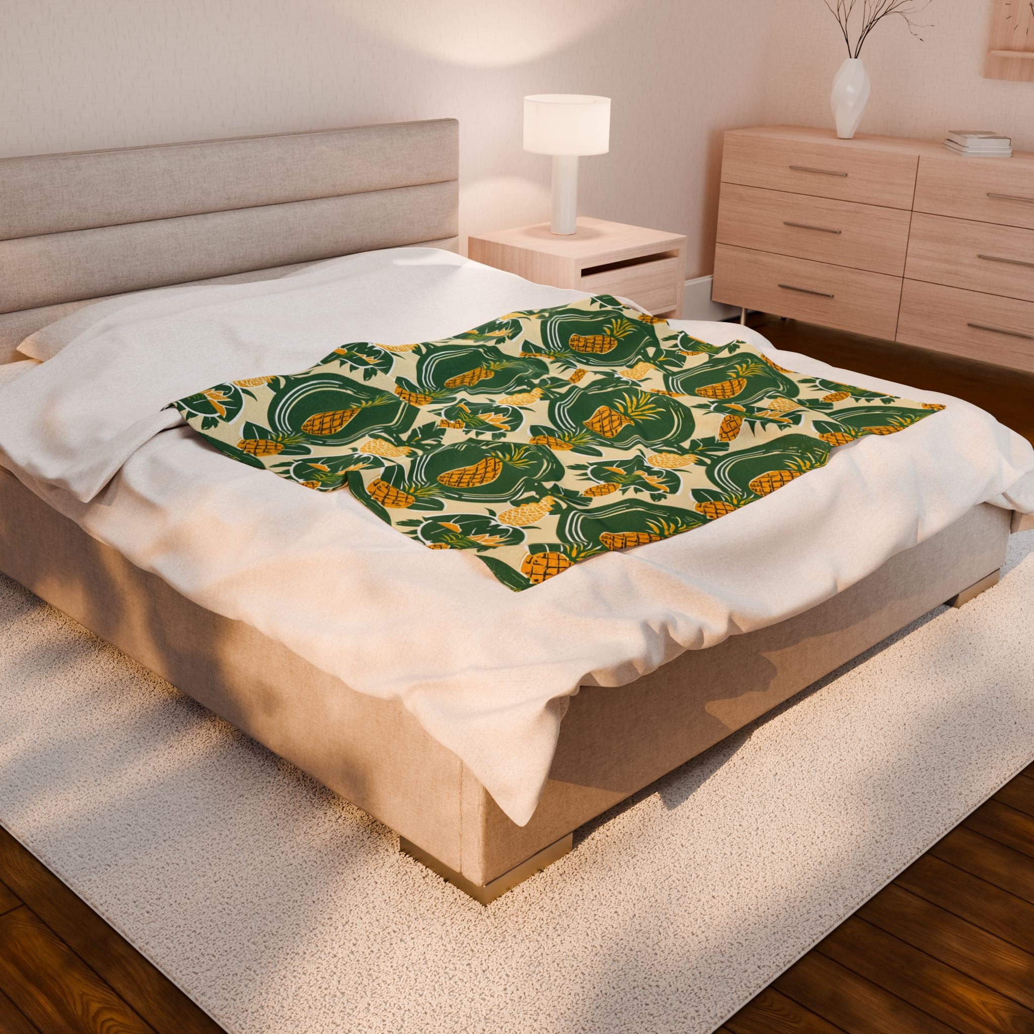 Velveteen Plush Blanket, Pineapple Beach Decor, Summer Throw, Tropical Home Decor, Cozy Bedding, Housewarming Gift