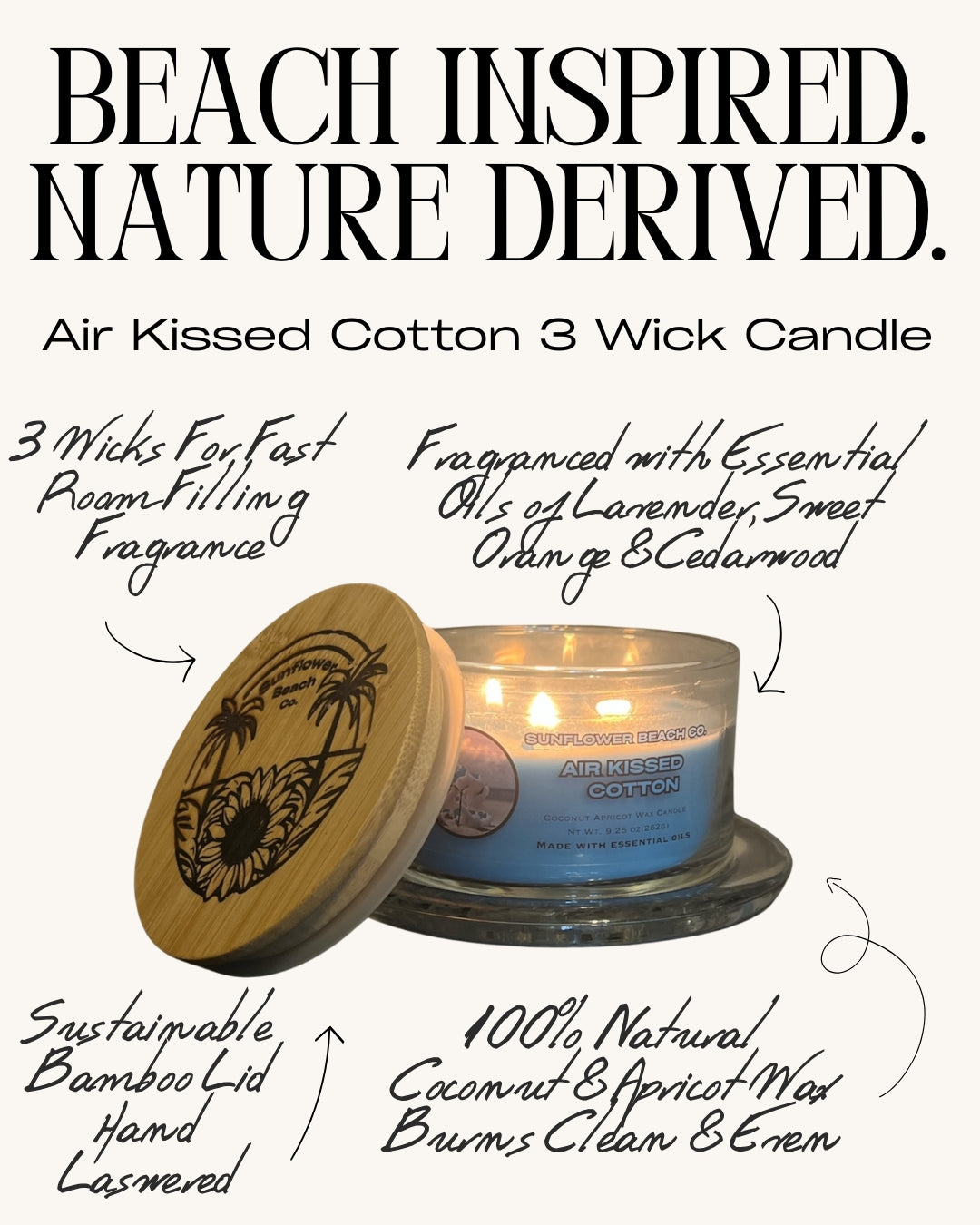 Air Kissed Cotton 3 Wick Candle - Handmade Beach Candle