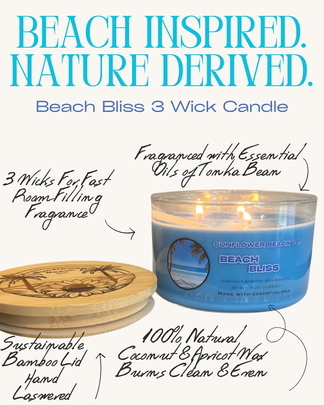 Beach Bliss 3 Wick Candle - Fresh, Tropical Scented Candle, Beach Candle Decor