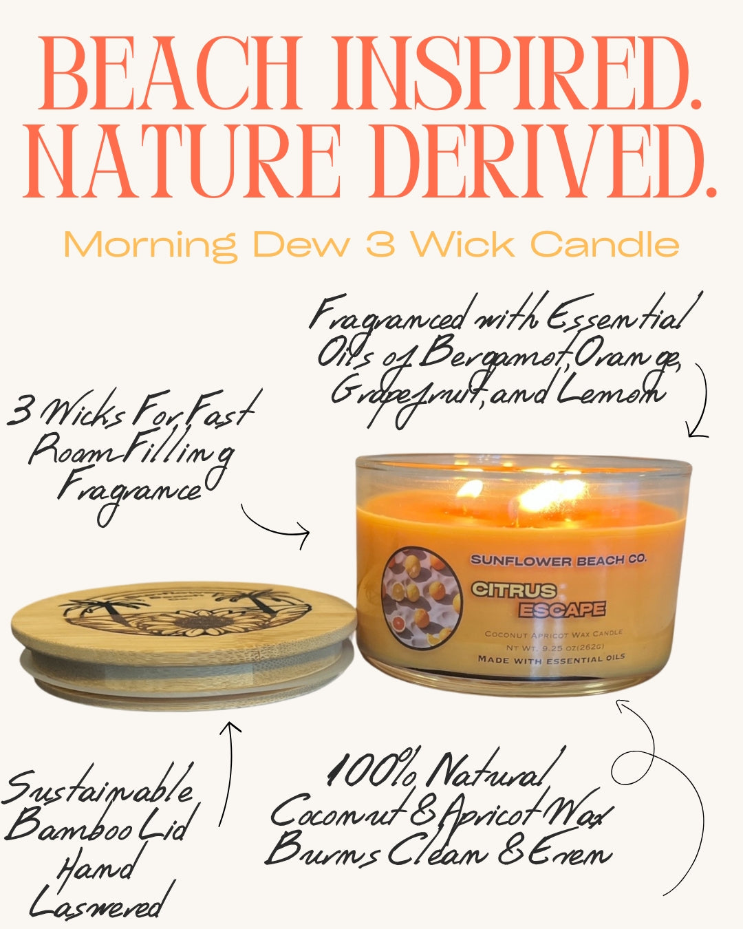 Citrus Escape 3 Wick Candle - Fresh, Citrus Scented Candle , Handmade Candle