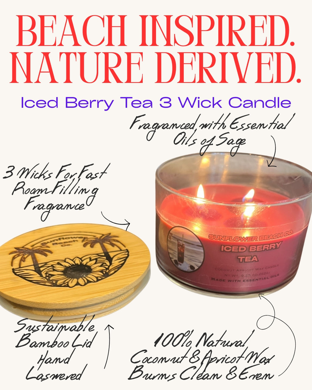 Iced Berry Tea 3 Wick Candle - Fresh, Fruity Scent For Summer- Handmade Candle