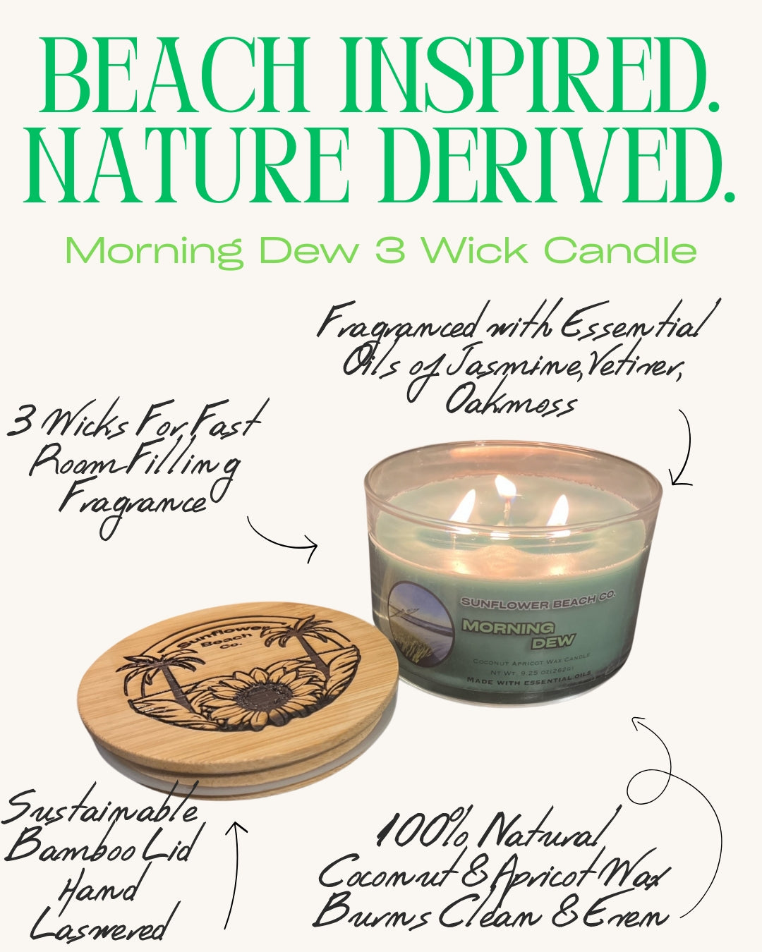 Morning Dew 3 Wick Candle - Fresh, Grassy Scent - Handmade Candle
