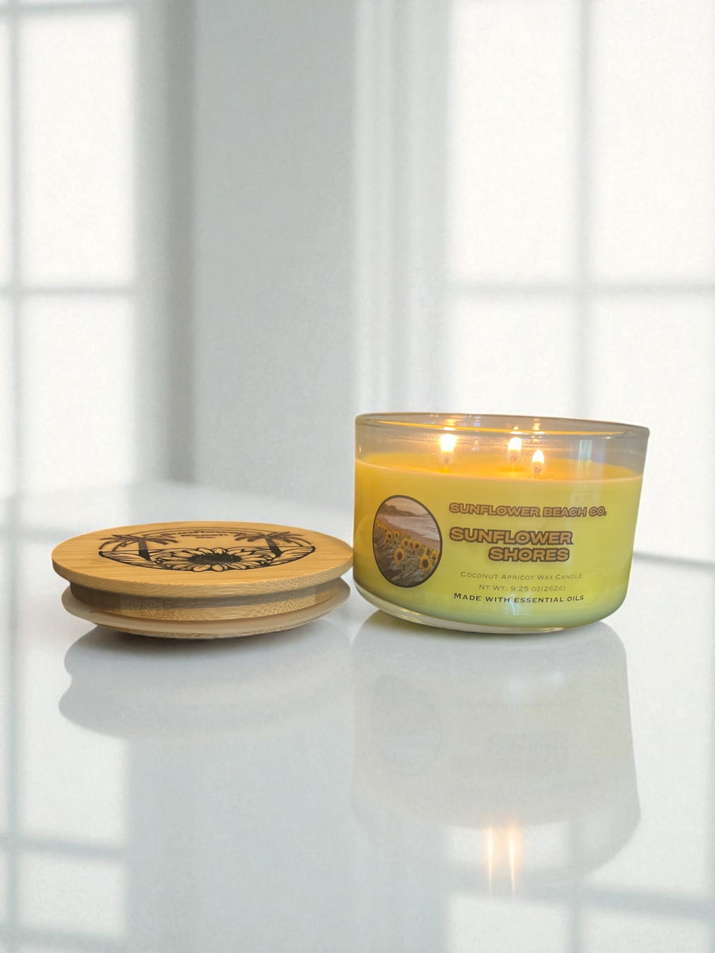 Sunflower Shores - 3 Wick Candle, Handmade Scented Floral Candle, Jasmine & Hyancith Essential Oil Candle