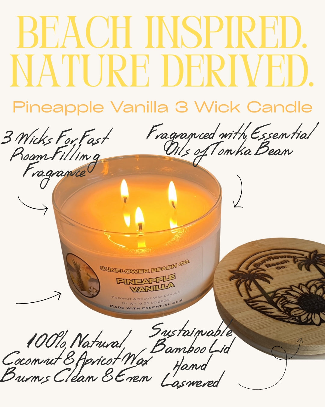 Pineapple Vanilla Luxury 3 Wick Candle - Tropical Candle, Strong Fragrance Throw