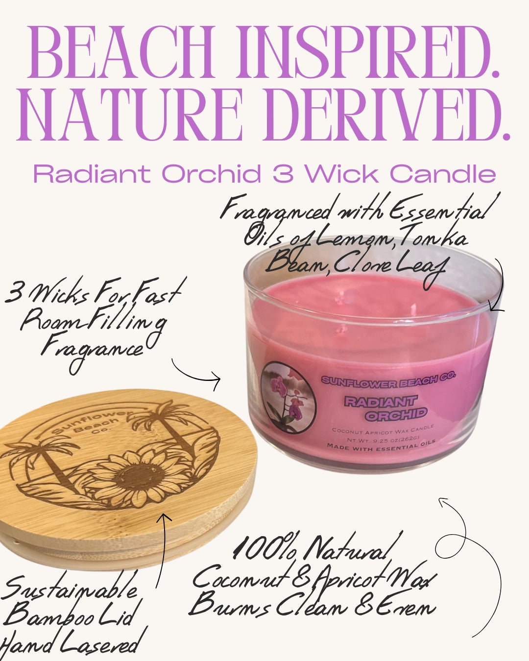 Radiant Orchid 3 Wick Candle - Beach Florals, Luxury Candle