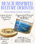 Snow Birds 3 Wick Candle with bamboo lid on a white background
