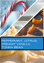 Collage of peppermint, citrus, vanilla, and tonka bean elements with a blue text box.