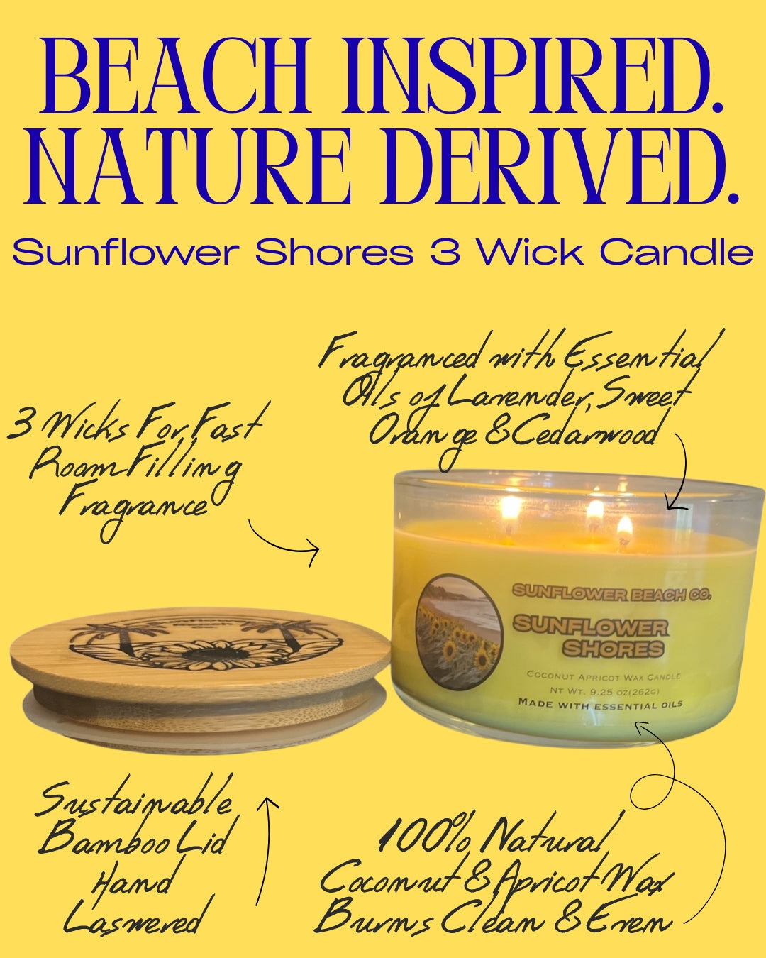 Sunflower Shores - 3 Wick Candle, Handmade Scented Floral Candle, Jasmine & Hyancith Essential Oil Candle