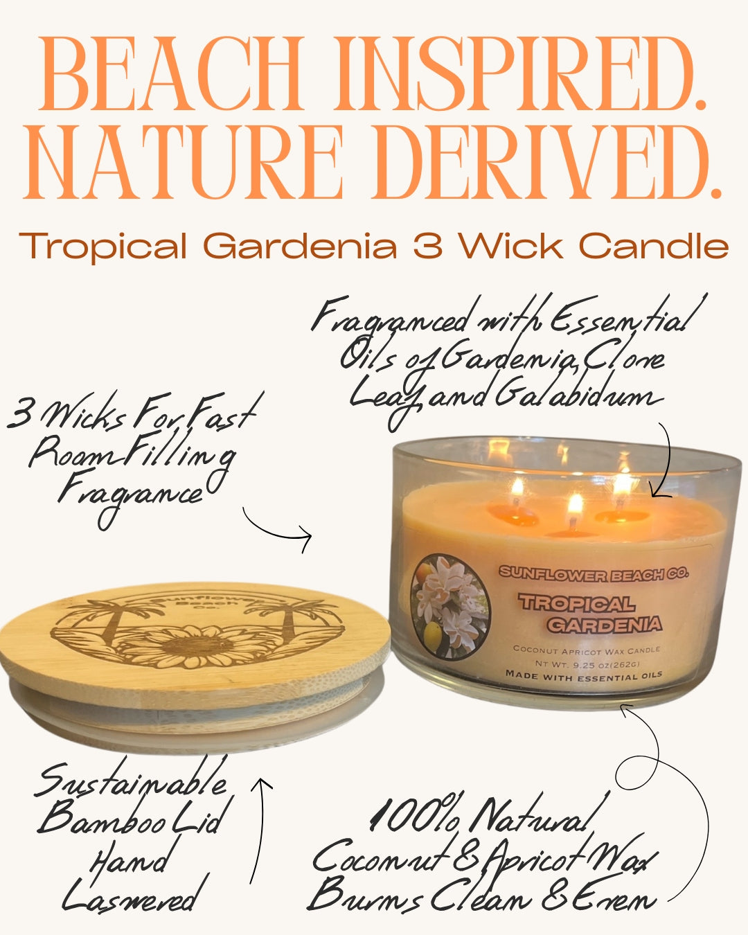 Fact Sheet For Tropical Gardenia candle, Fragranced with Essential Oils of Gardenia, Clove, and Galabidum, 3 wicks for fast fragrance, 100% natural wax made from coconut and apricot