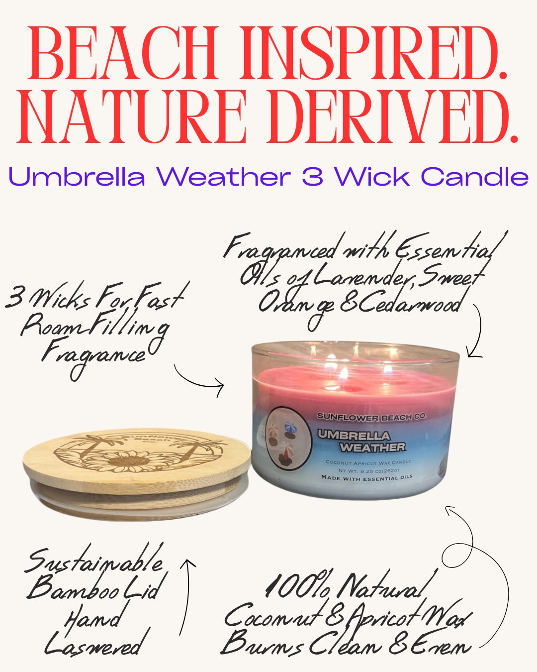 Umbrella Weather 3 Wick Candle - Fresh, Sunscreen Scented Candle , Handmade Candle